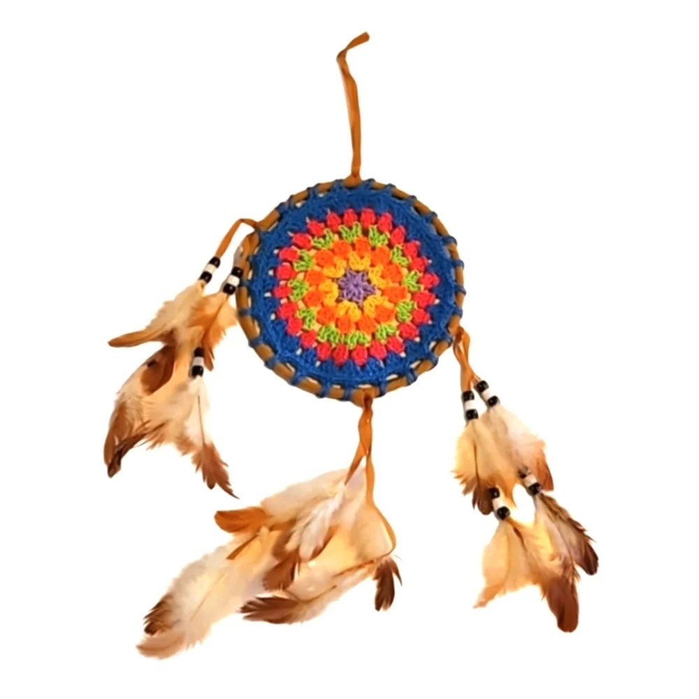 Hand Crafted crochet dreamcatcher multicolored floral eclectic textile decor